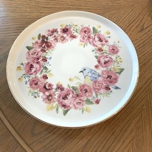 Beautiful floral with blue bird cake stand with gold trim